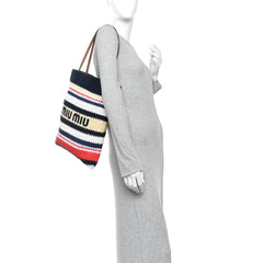 Raffia Crochet Stripe Vertical Tote Bag Blue Red Natural
