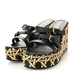 Raffia Calfskin L'Amazone Wedge Sandals 37 Black Natural