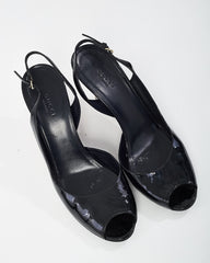 Gucci Vintage Black Patent Leather and GG Logo Tortoise Wedges - 40.5