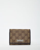 Gucci Dark Brown Leather and Beige and Brown GG Monogram Canvas Card Case Wallet