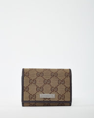 Gucci Dark Brown Leather and Beige and Brown GG Monogram Canvas Card Case Wallet