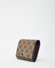 Gucci Dark Brown Leather and Beige and Brown GG Monogram Canvas Card Case Wallet