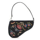 Satin Embroidered Floral Mini Saddle Pochette Bag Black