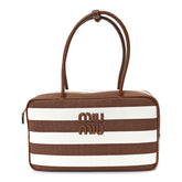 Canvas Calfskin Striped Large Beau Top Handle Bag Naturale Brandy