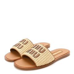 Stuoia Raffia Calfskin Logo Sandals 36 Naturale