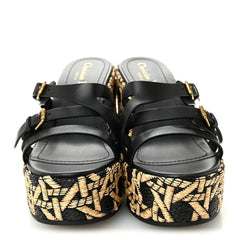 Raffia Calfskin L'Amazone Wedge Sandals 37 Black Natural