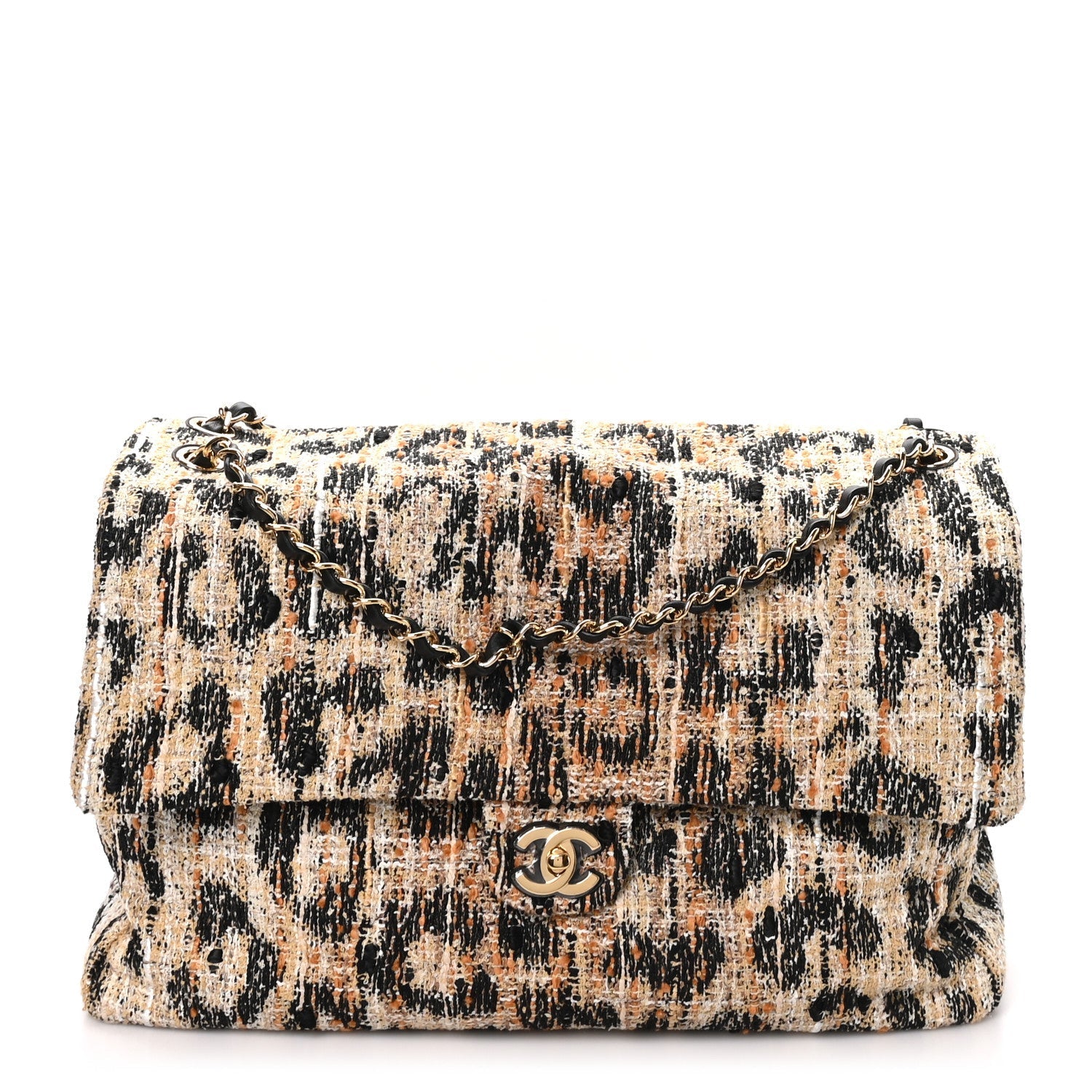 Tweed Mixed Fibers Leopard Print Souplissimo Maxi Flap Brown Black White