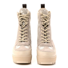 Suede Calfskin Monogram Denim Laureate Platform Desert Boots 38.5 Taupe