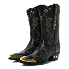 Calfskin LV Texan Mens Rider Boots 7.5 Black Gold