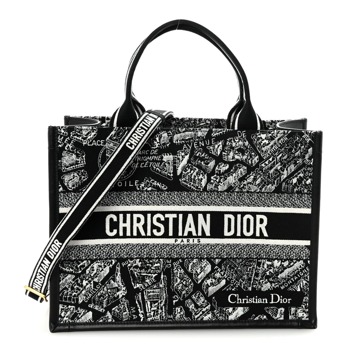 Calfskin Canvas Medium Plan De Paris Book Tote With Strap Black White