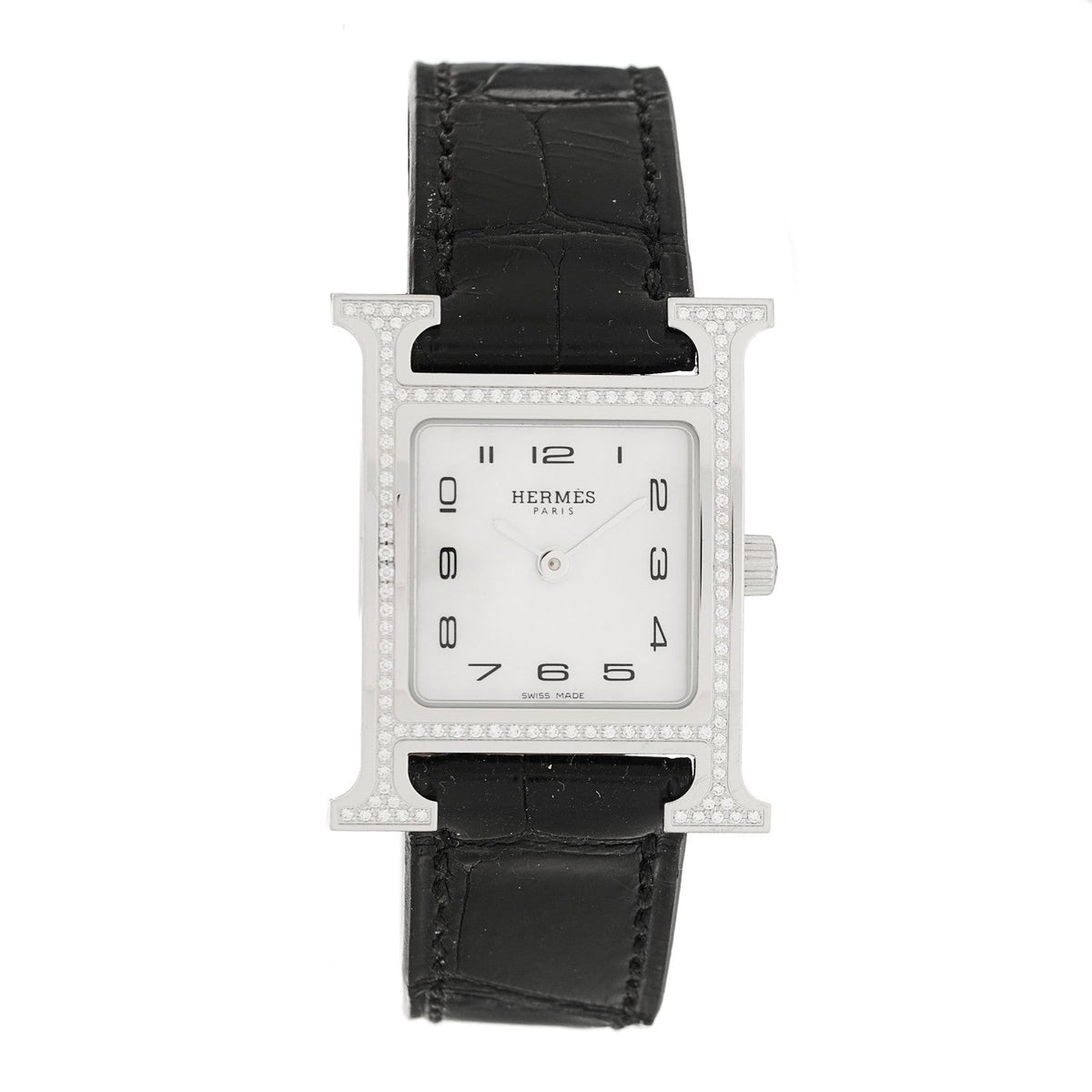 Stainless Steel Alligator Diamond Bezel Mother of Pearl 21mm Heure H Hour Quartz Watch Noir