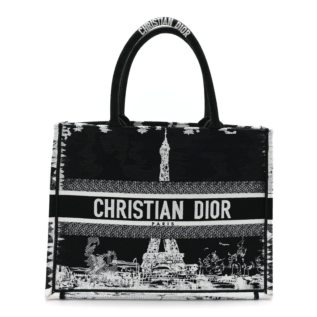 Canvas Embroidered Medium Paris Book Tote Black White