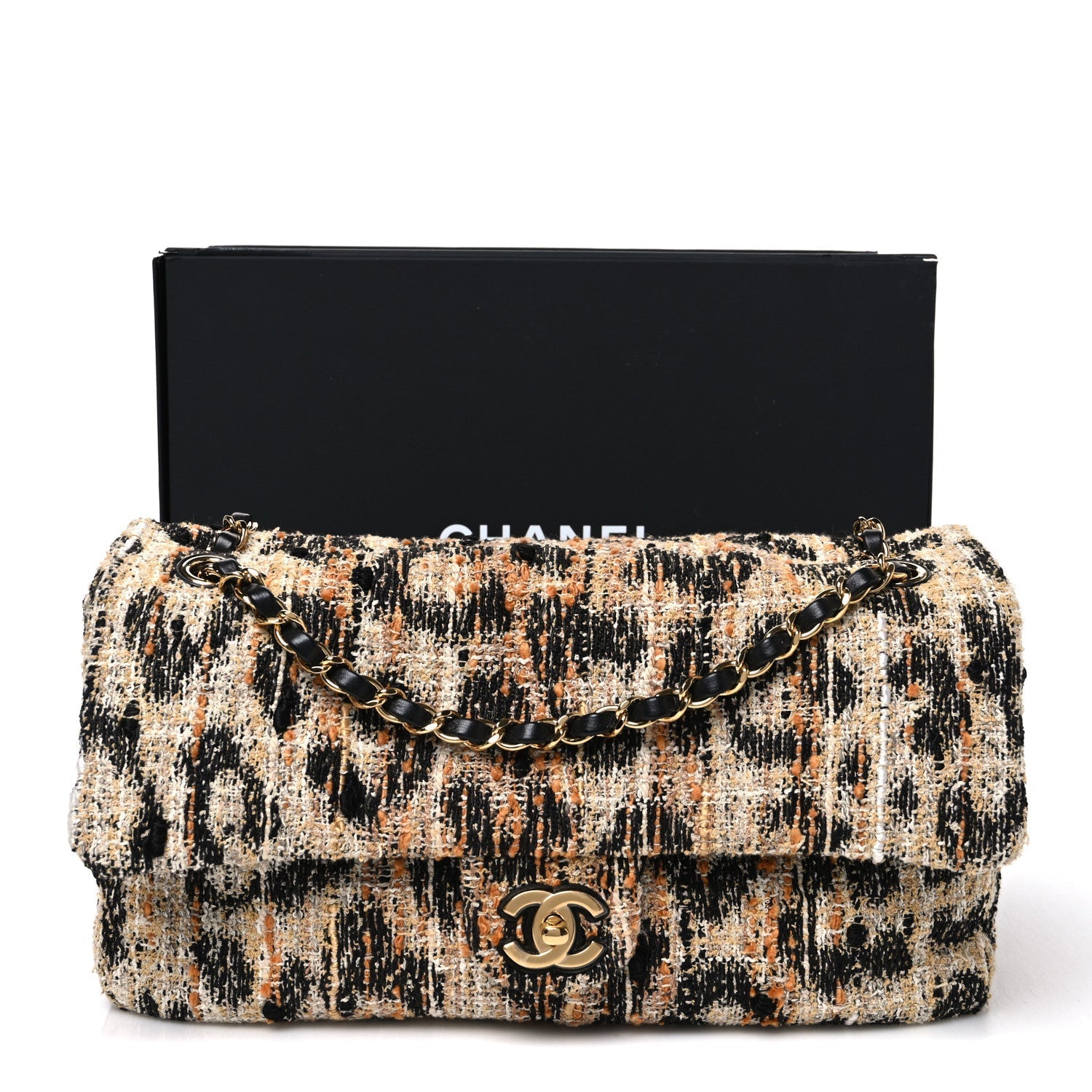 Tweed Mixed Fibers Leopard Print Small Souplissimo Maxi Flap Brown Black White