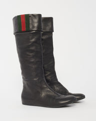 Gucci Black Leather Foldover Web Knee-High Boots -37