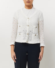 Chanel White Perforated Crochet Knit CC Logo Button Cardigan Sweater - 40