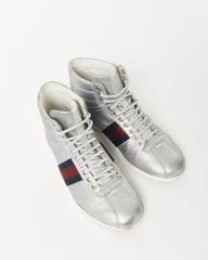 Gucci Silver Glitter Web High-Top Sneakers - 7.5 MEN