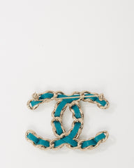 Chanel Silver Metal and Turquoise Blue Leather and Pearl Interwoven CC Logo Brooch