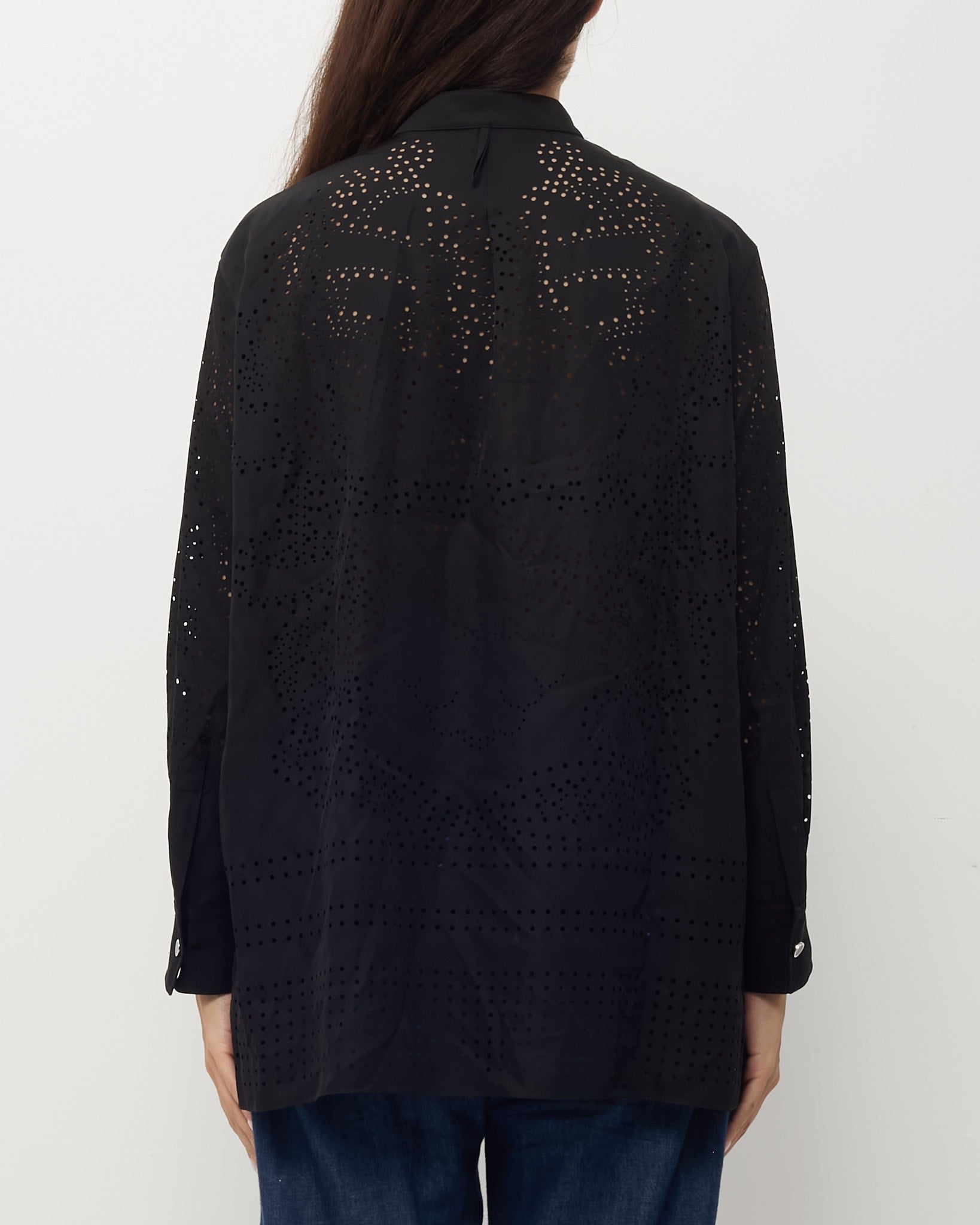 Hermès Black Perforated Silk Long Sleeve Button Down Shirt - 36