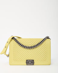 Chanel Lime Green Chevron Quilted Lambskin Leather Large Boy Bag with Ruthenium Hardware