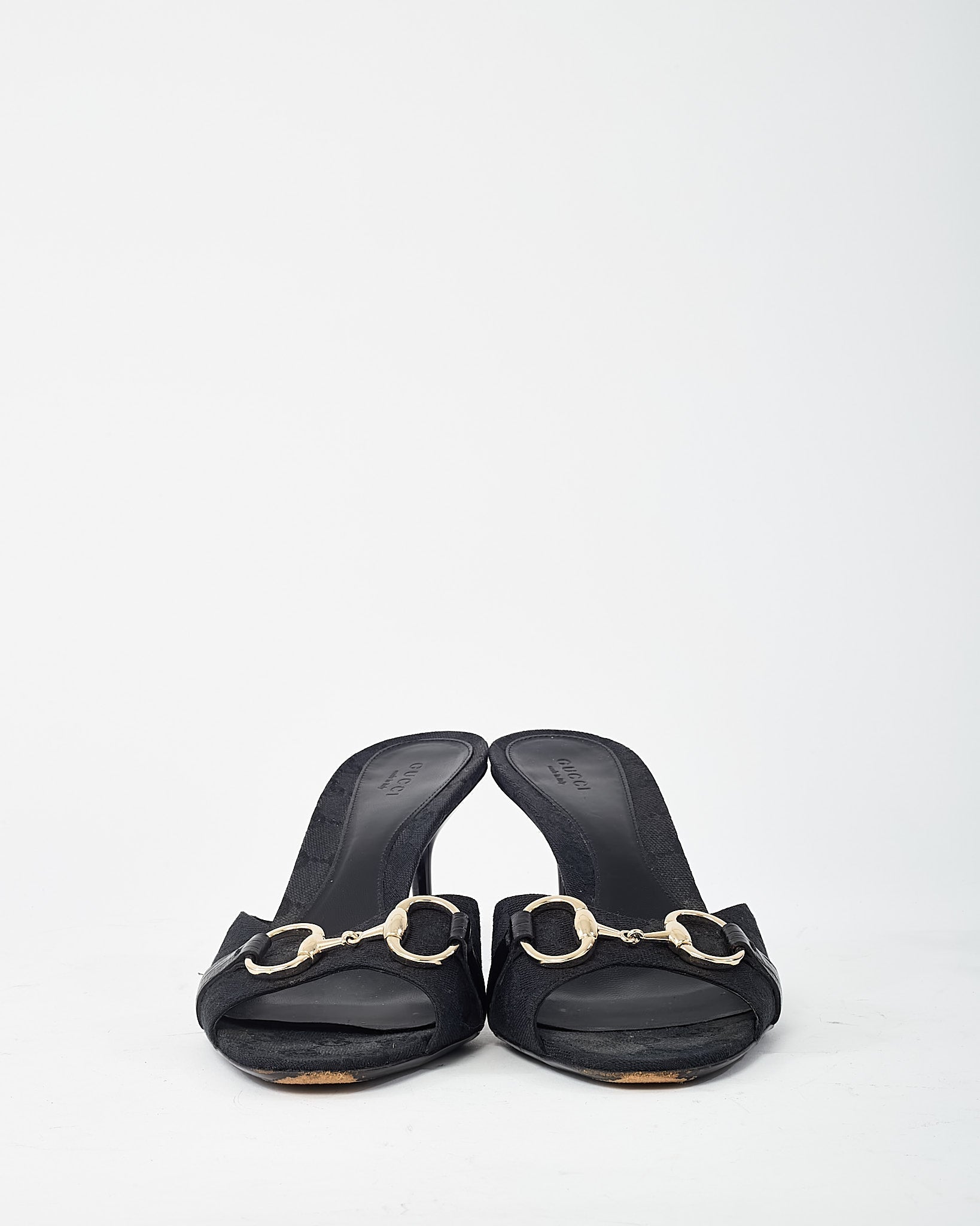 Gucci Black GG Monogram Canvas Open-Toe Gold Horsebit Mule Sandals - 40.5
