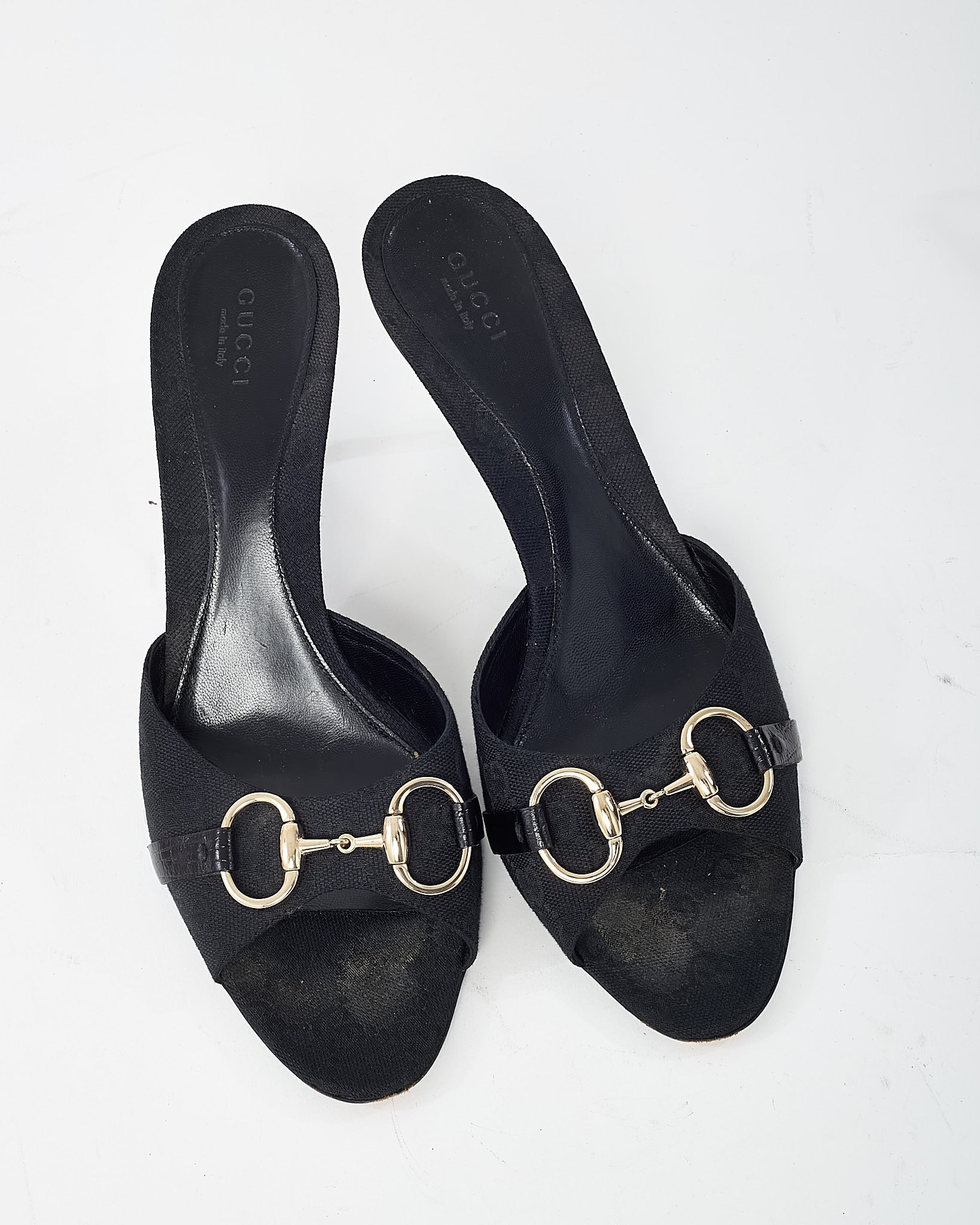 Gucci Black GG Monogram Canvas Open-Toe Gold Horsebit Mule Sandals - 40.5