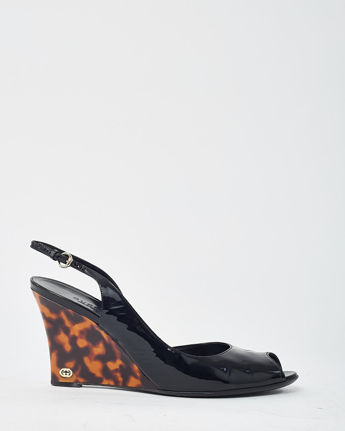 Gucci Vintage Black Patent Leather and GG Logo Tortoise Wedges - 40.5