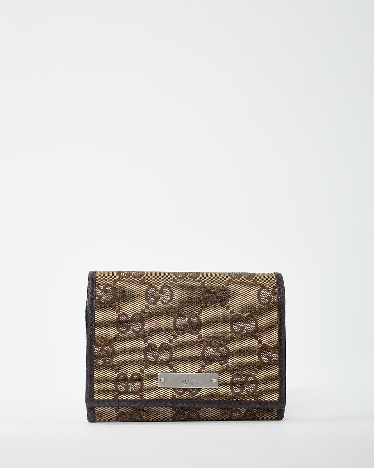Gucci Dark Brown Leather and Beige and Brown GG Monogram Canvas Card Case Wallet