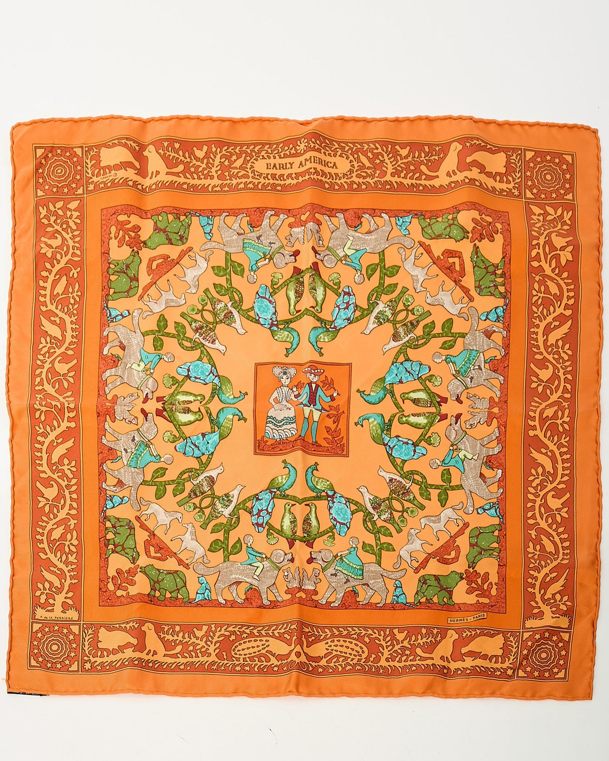 Hermès Orange/Blue/Green/ Multi Animal "Early America" Silk Printed 45cm Scarf