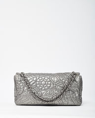 Chanel Silver Vinyl Graphic Edge Camellia Flower Accordion Flap Bag SHW