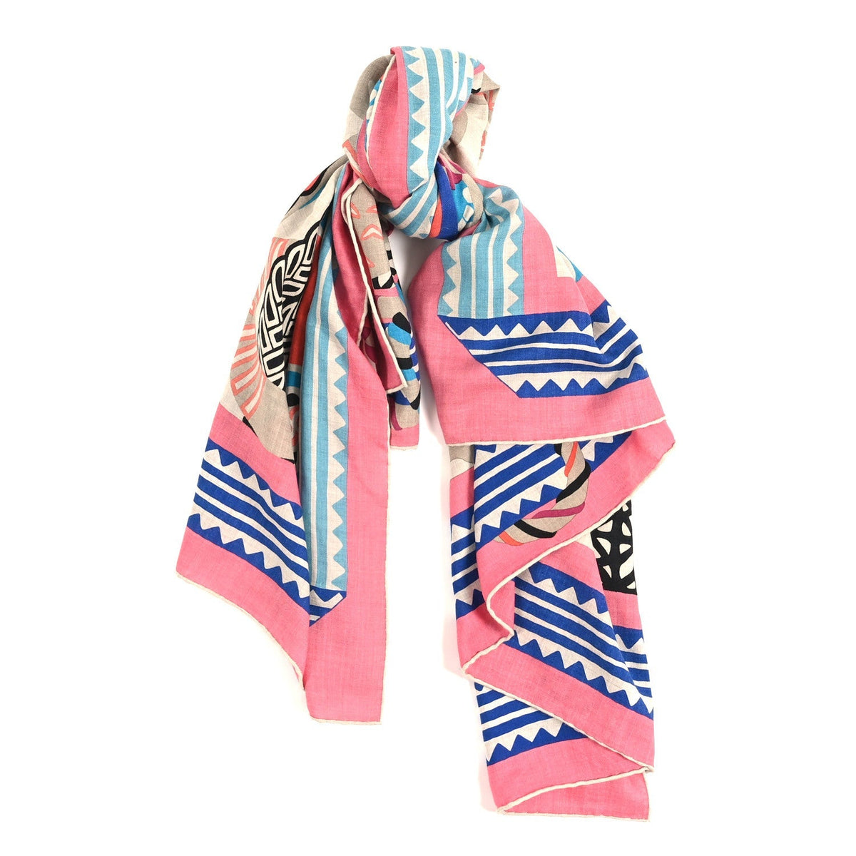 Cashmere Silk Fantaisie D'etriers Shawl 140 Rose Bonbon Naturel Bleu