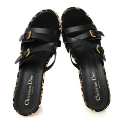 Raffia Calfskin L'Amazone Wedge Sandals 37 Black Natural