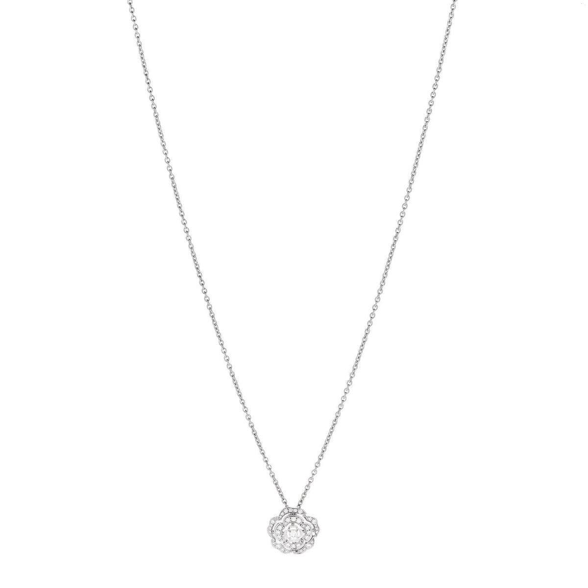 18K White Gold Diamond Bouton de Camelia Pendant Necklace